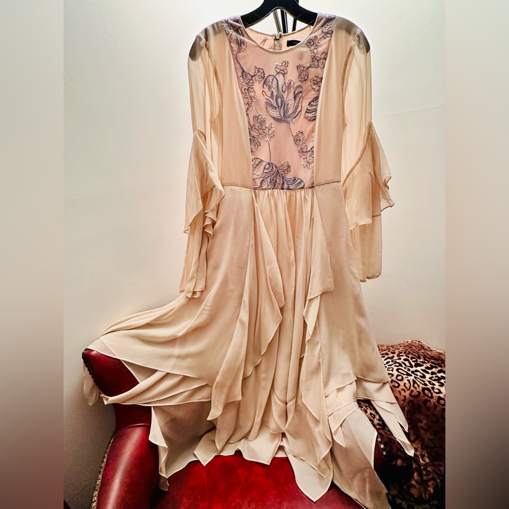 BCBGMAXAZRIA Nel Silk Embroidered Blush Romantic Asymmetrical Hem Midi Dress, XS
